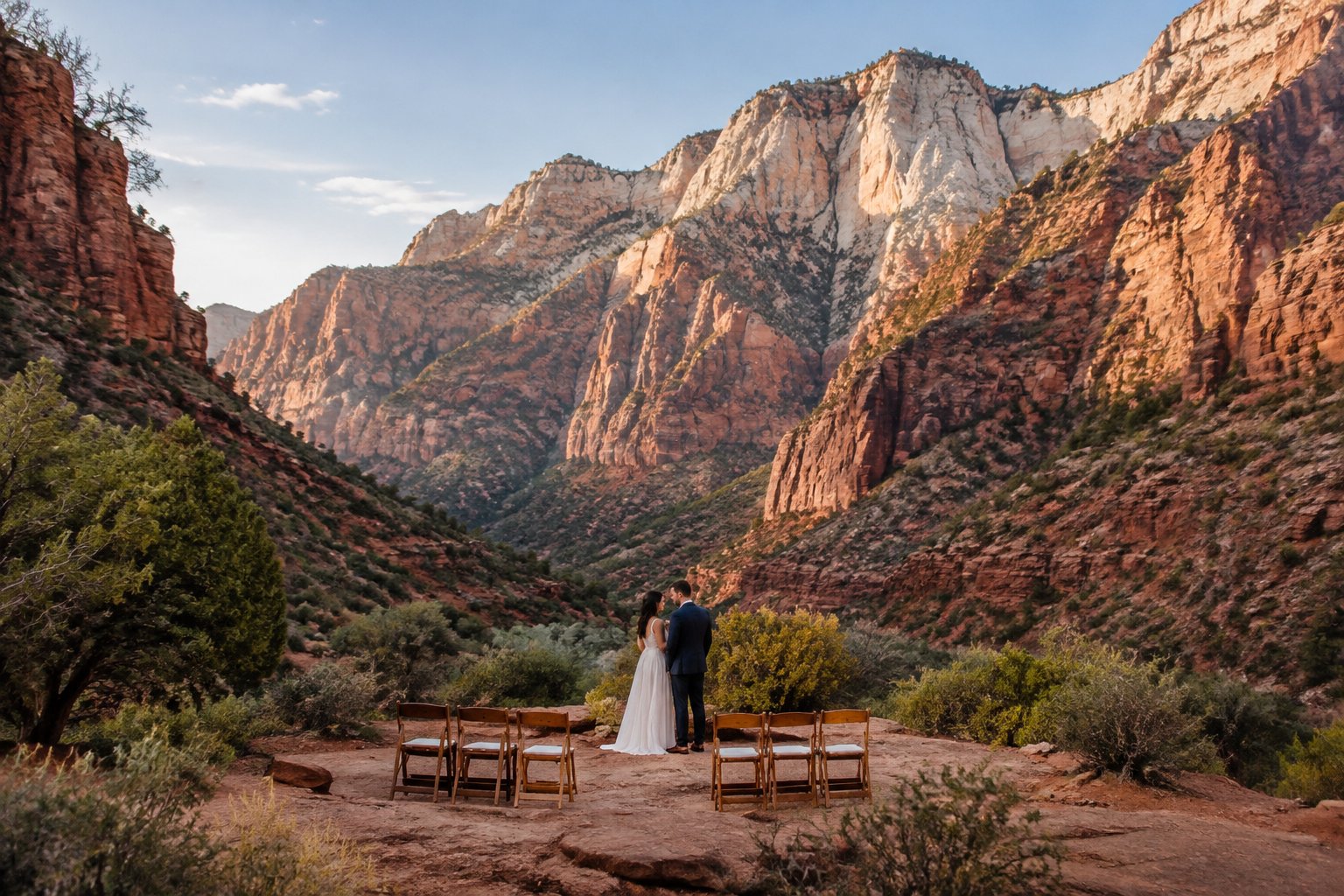 A couple stands at a small outdoor wedding ceremony site beneath Zion’s sandstone cliffs.