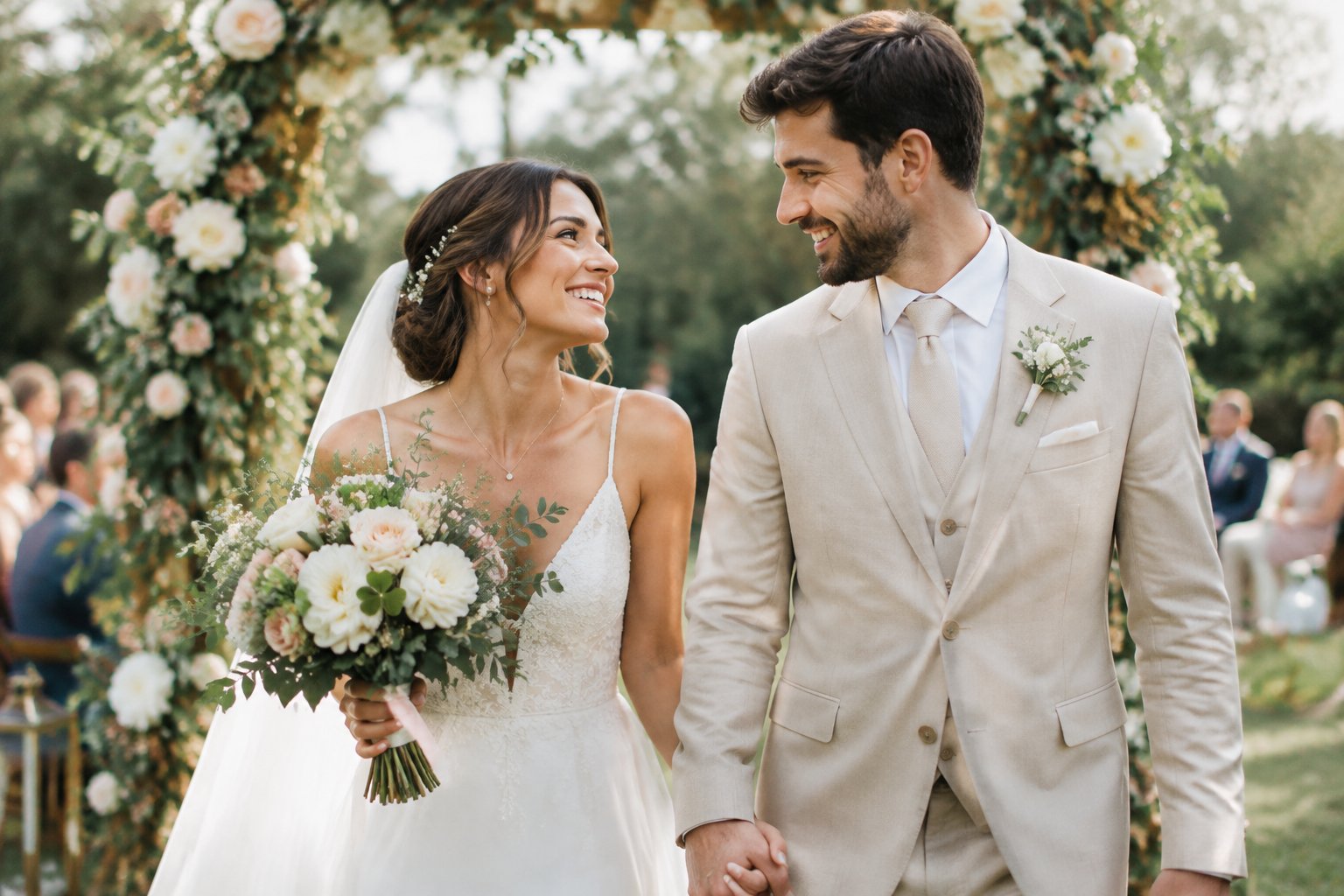 A newly married couple hold hands beneath a flower-covered arch in a garden.