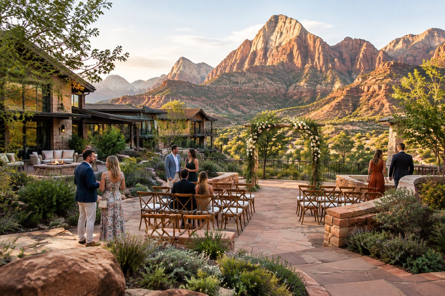 Guests gather for a small outdoor wedding ceremony near Zion’s red sandstone cliffs.