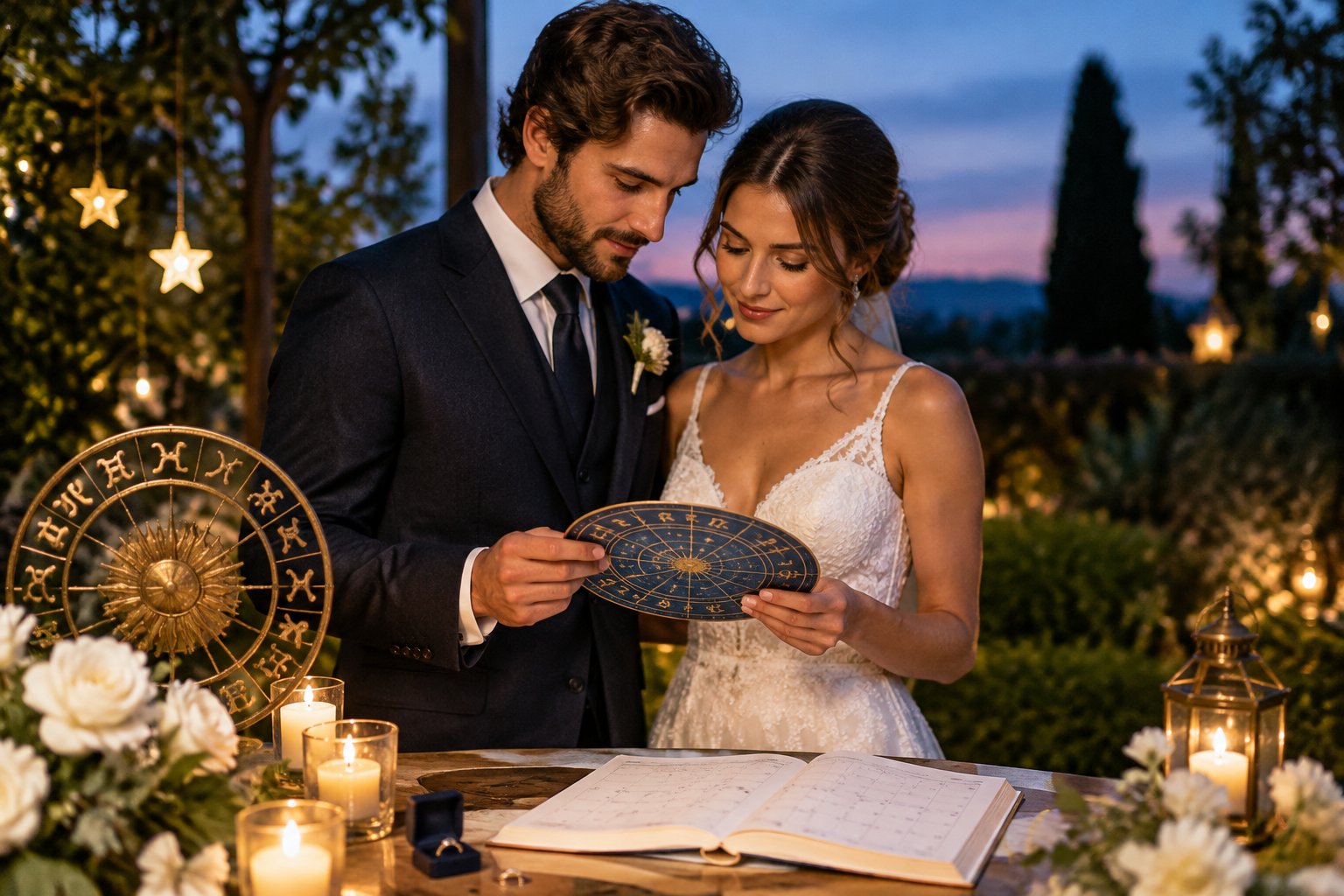 An engaged couple looks at a celestial chart together in a garden.