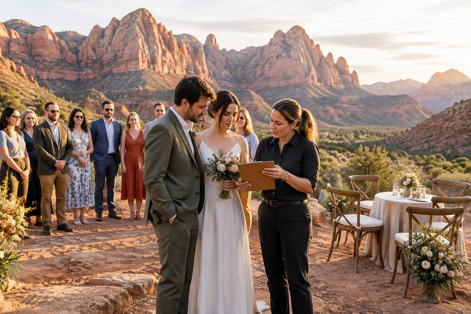 A couple and venue coordinator review plans beside a small outdoor wedding gathering with red cliffs in the background.