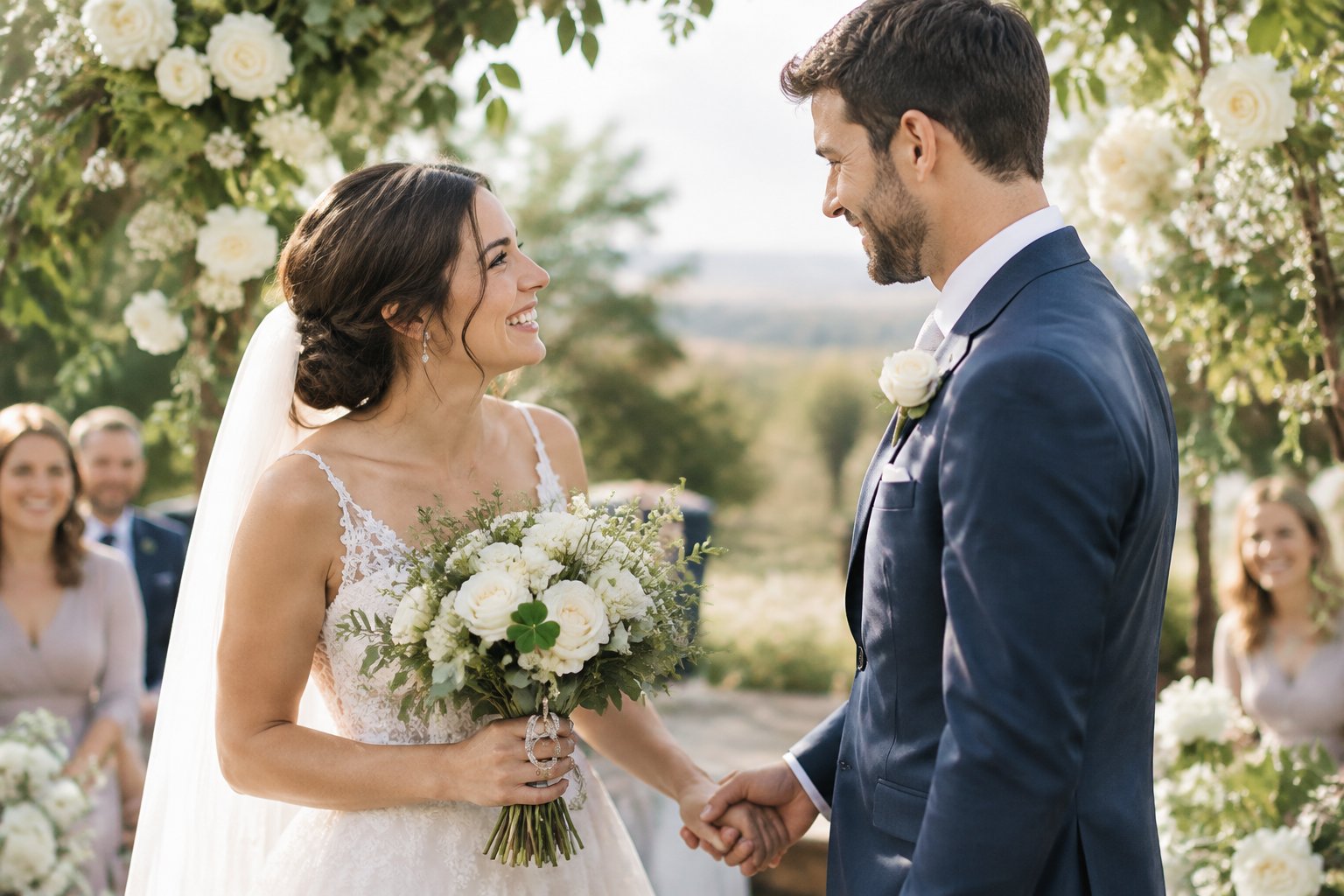 A newly married couple smiles together beneath a flower-covered garden arch.