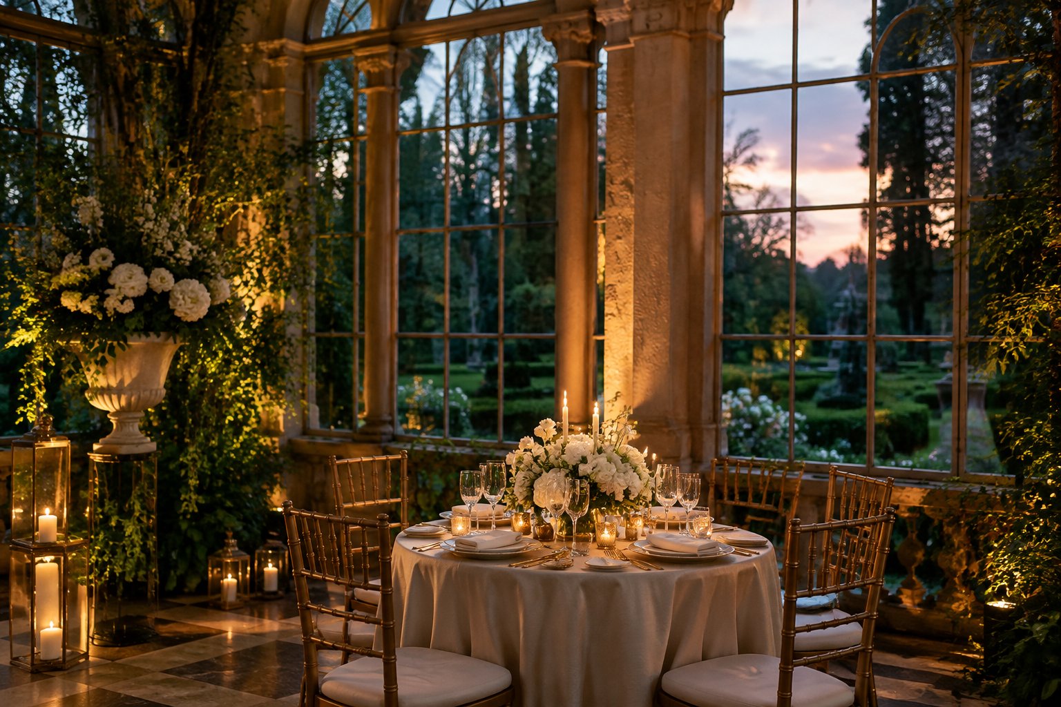 A candlelit wedding reception table in a garden conservatory.