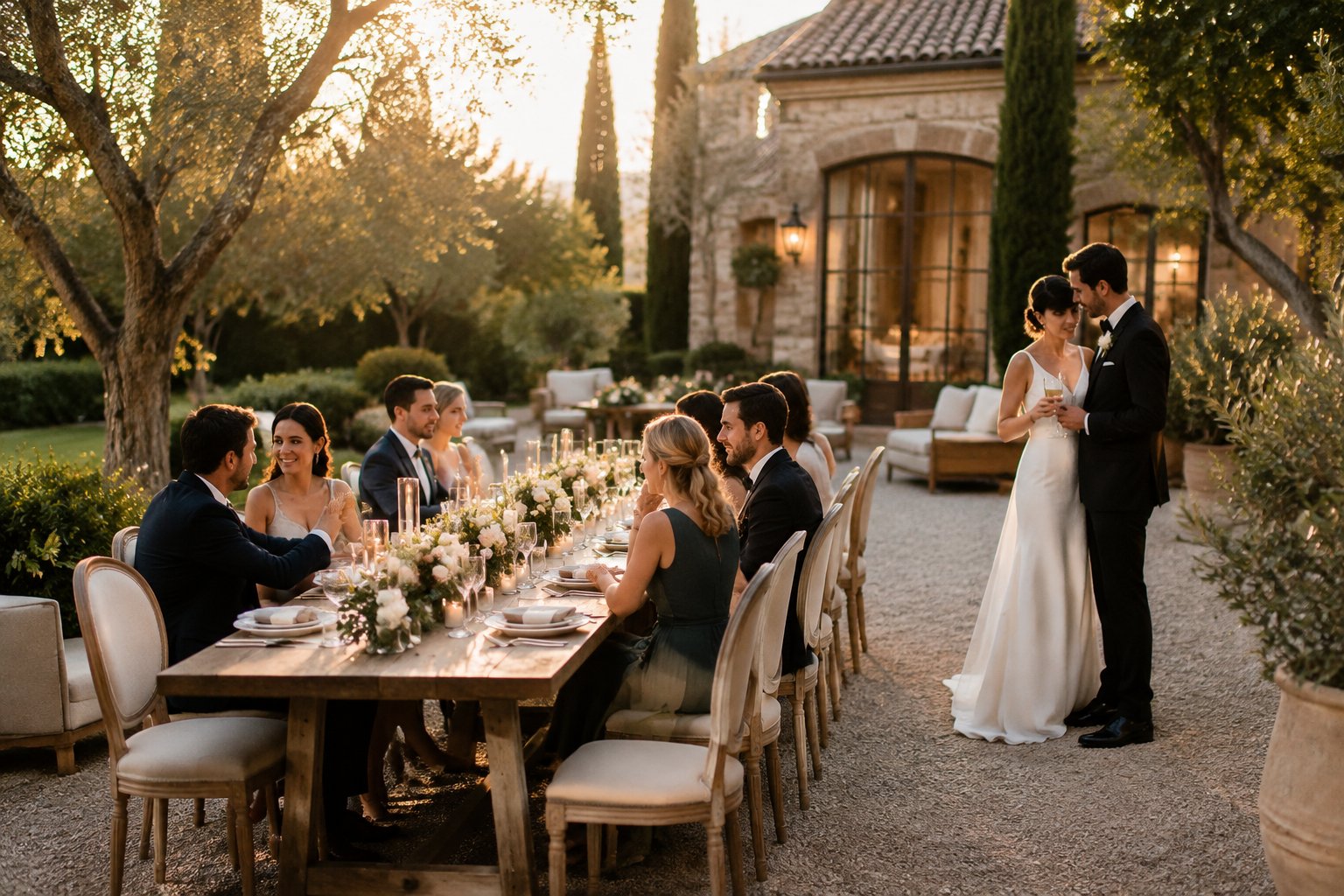 A couple celebrates with a small group of guests at an elegant garden wedding reception.