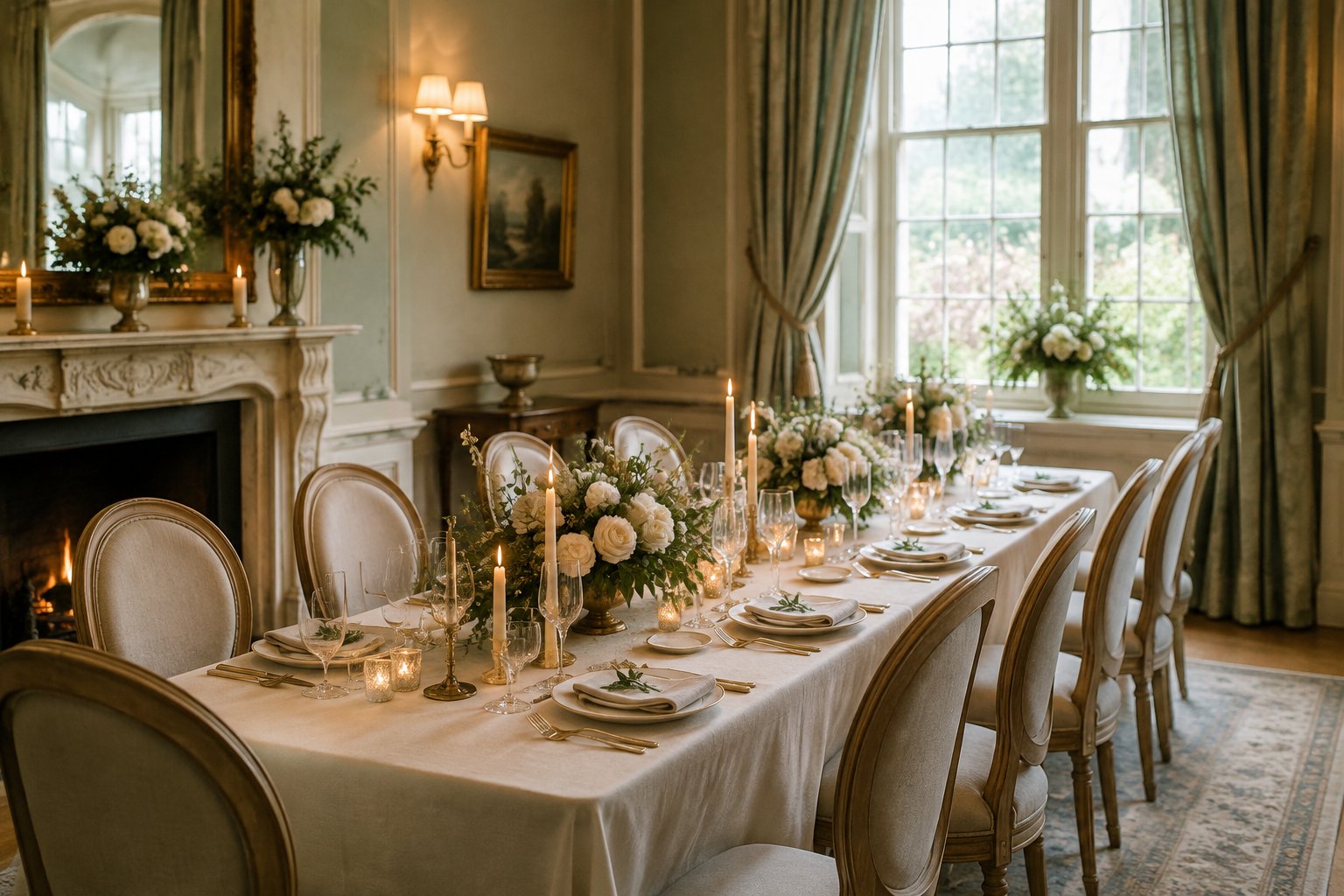 A small wedding reception table set with flowers, candles, and fine dinnerware in an elegant room.