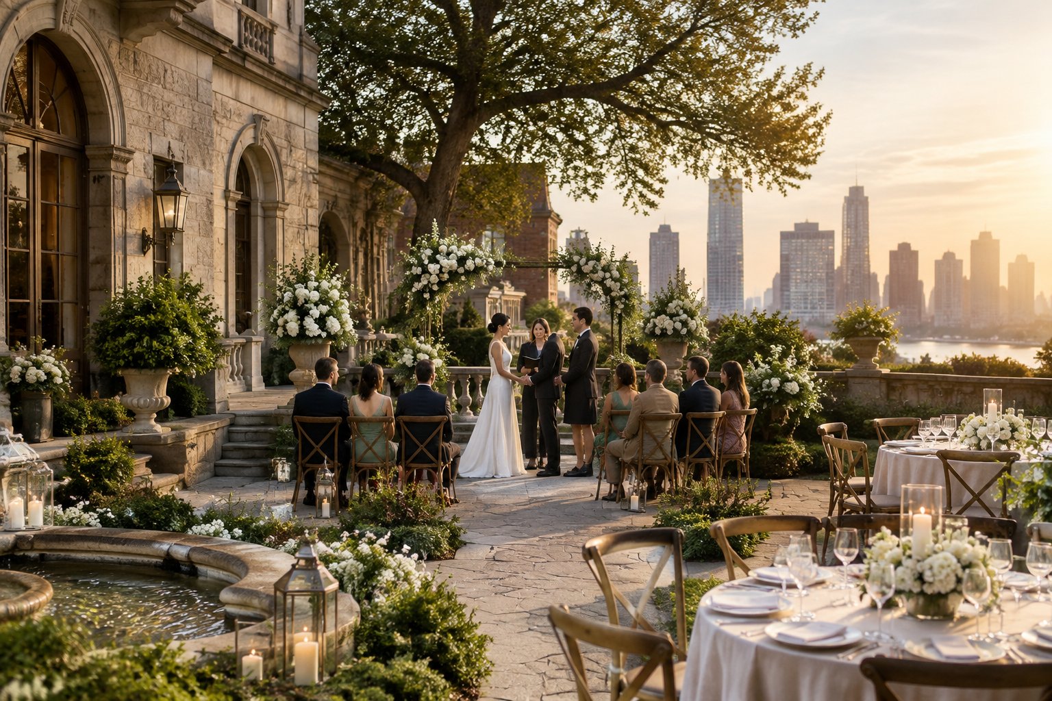 A couple exchanges vows in an elegant estate courtyard as a small group of guests looks on.