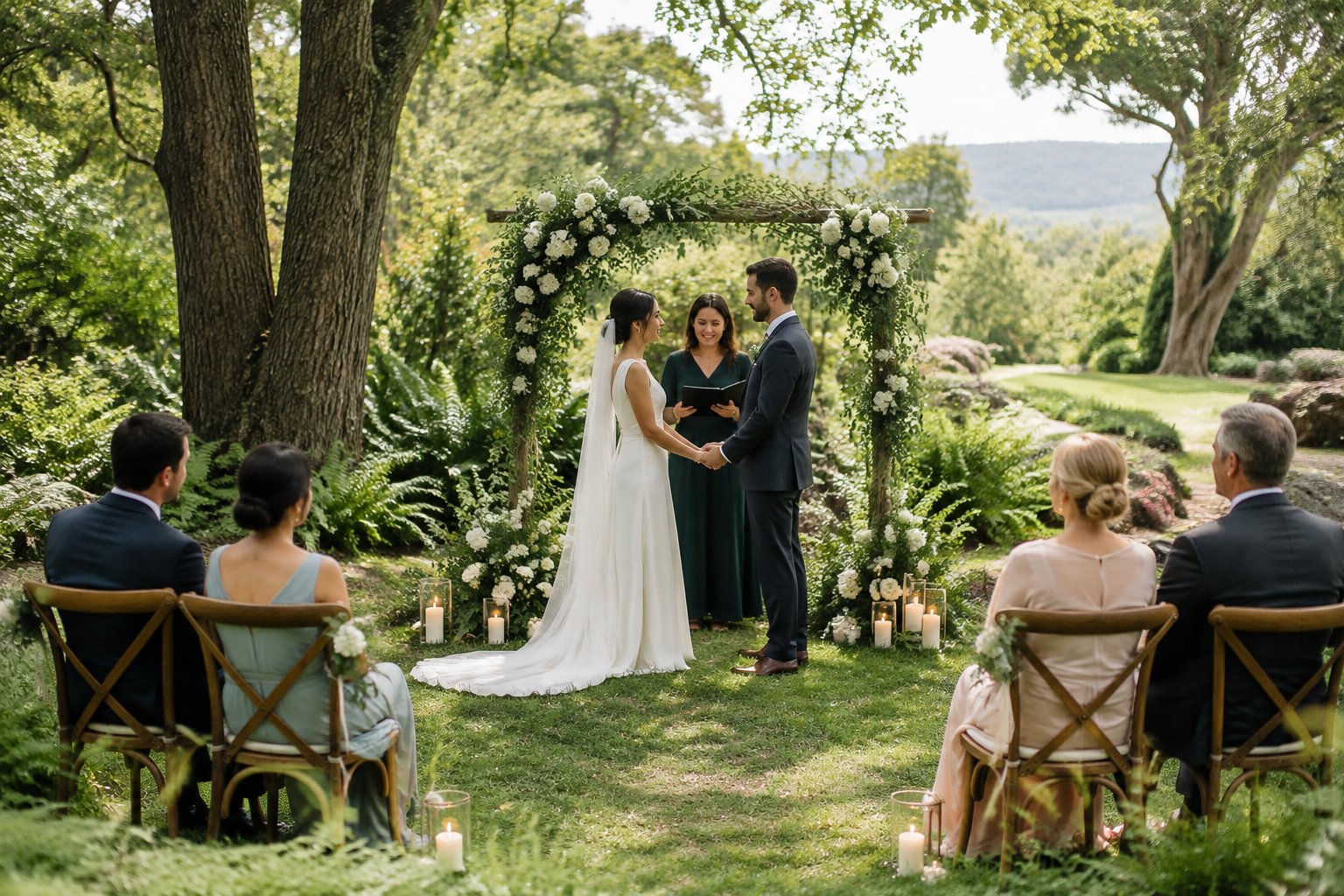 A couple exchanges vows beneath a floral arch in a garden as a small group of guests watches.