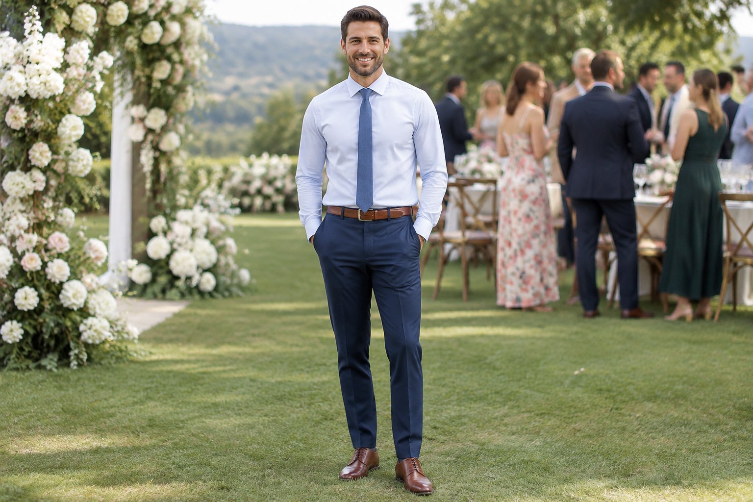 A man in a dress shirt and tie stands at an outdoor wedding.