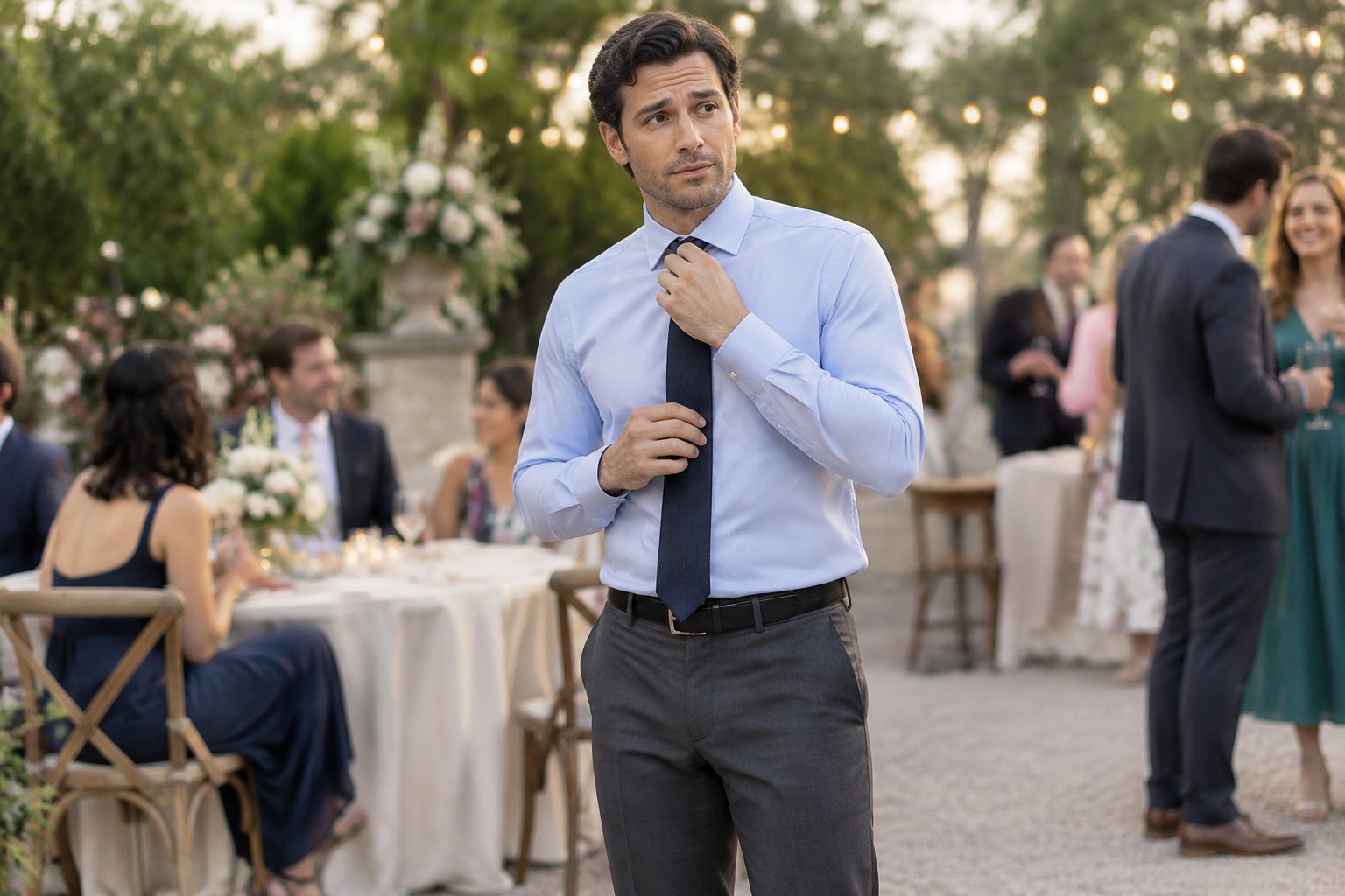 A wedding guest in a dress shirt and tie stands at an outdoor reception.