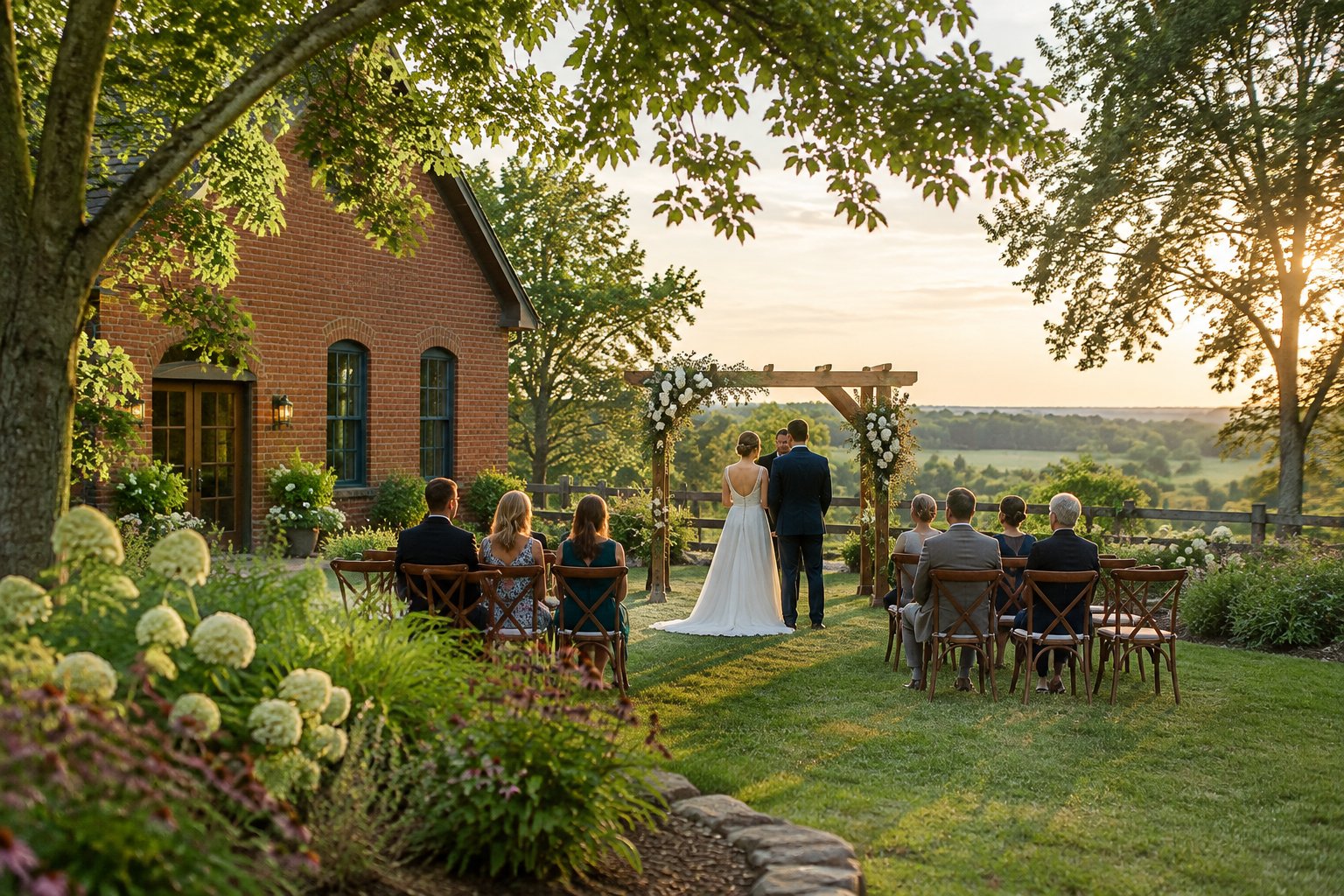 A couple stands beneath a flower-covered arbor at a small outdoor wedding.