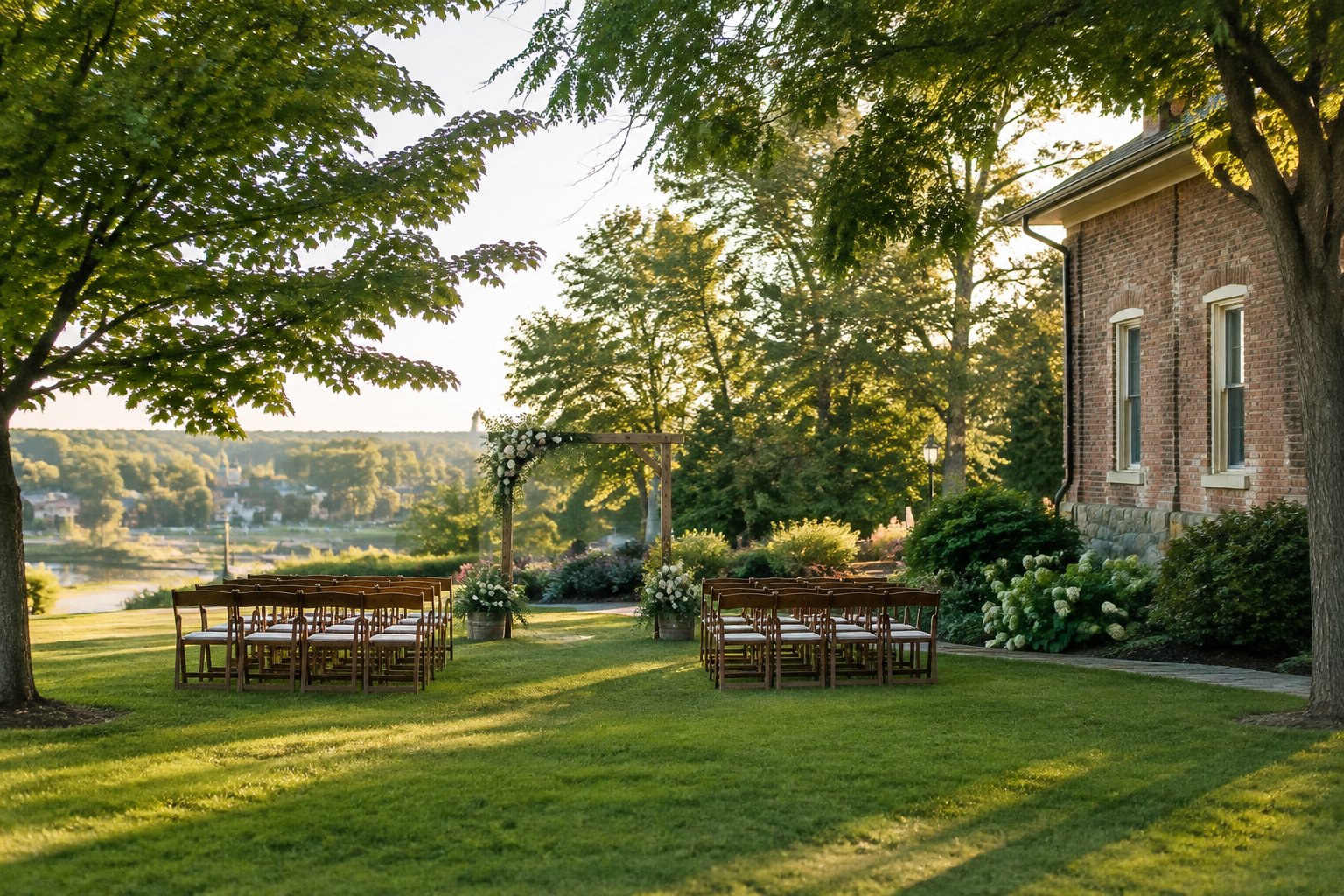 A small outdoor wedding ceremony setup in a garden beside a brick building.