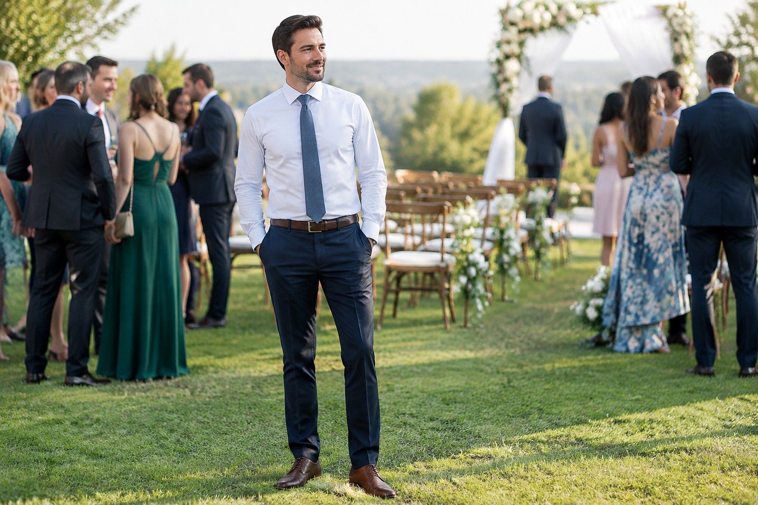 A wedding guest wearing a shirt and tie stands among formally dressed guests.