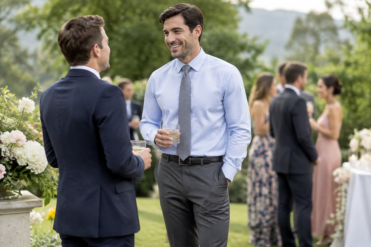 A wedding guest in a dress shirt and tie talks with another guest at an outdoor reception.