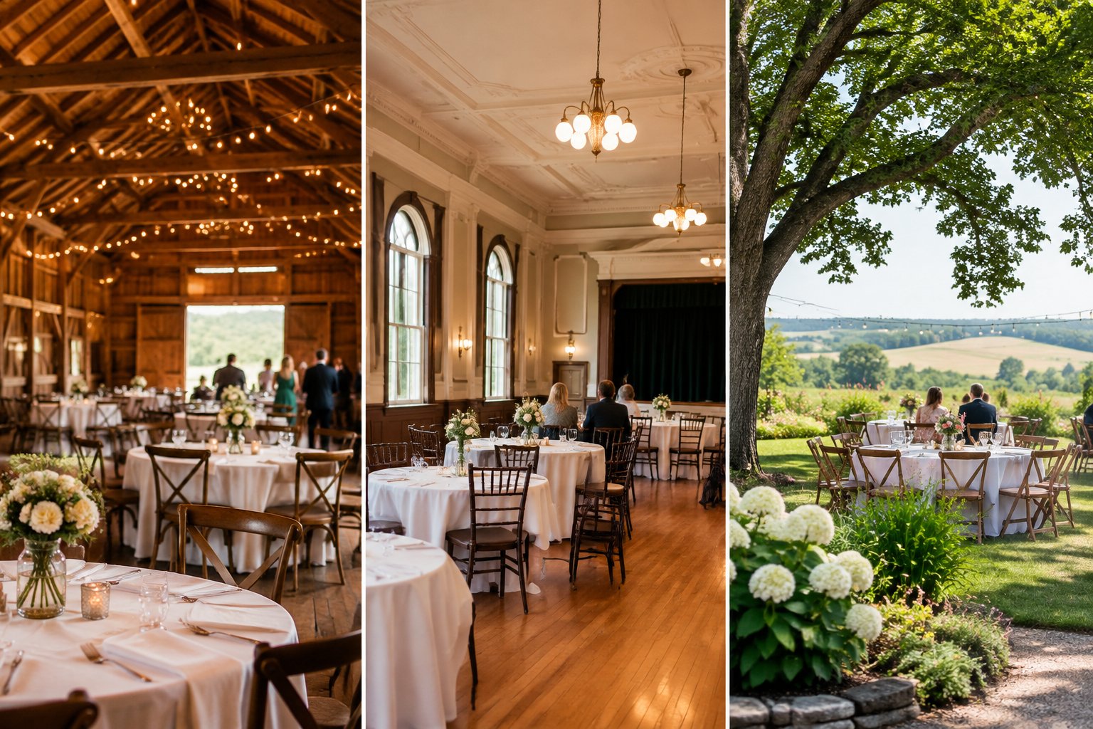 Three intimate wedding venues: a barn, a historic hall, and a garden.