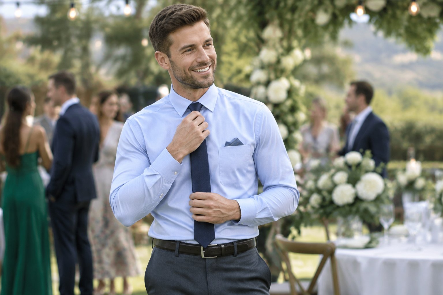 A wedding guest in a blue shirt and navy tie stands at an outdoor reception.