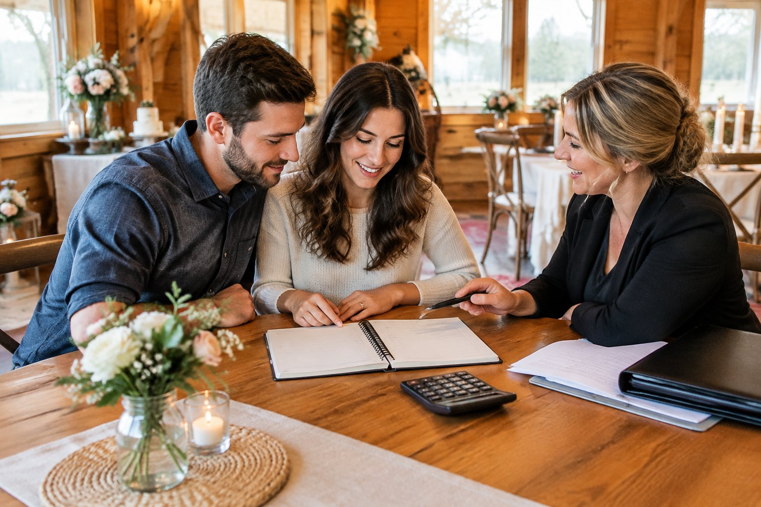 A couple reviews wedding plans with a venue coordinator in a small reception space.