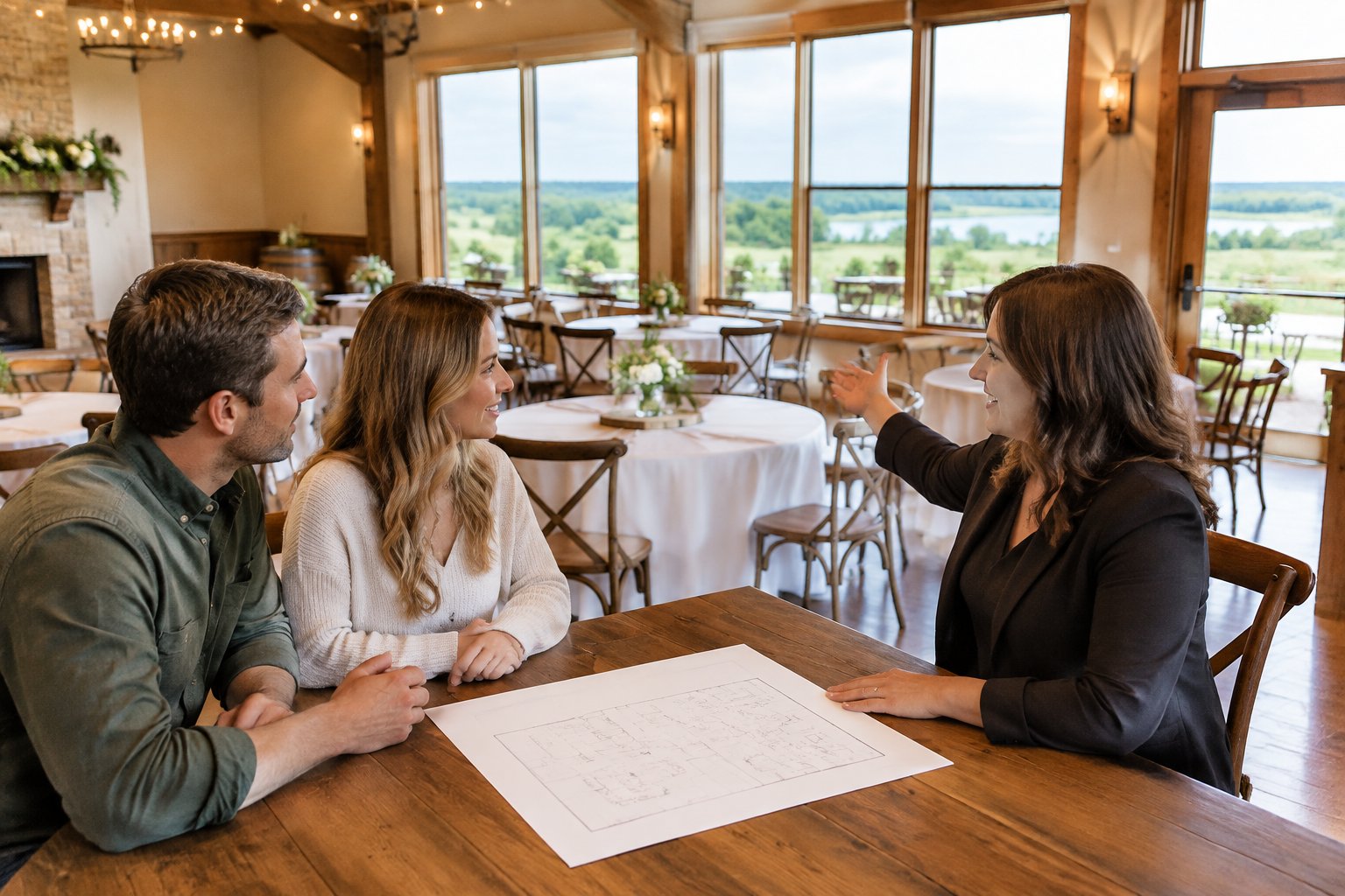A couple discusses a small wedding venue with a coordinator.