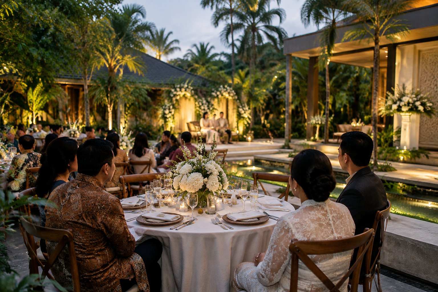 Guests gather for a small wedding reception in a garden courtyard.