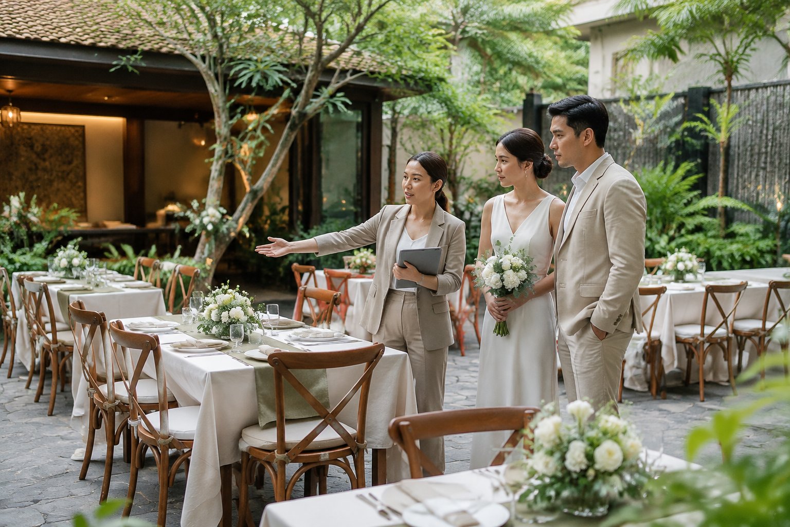 A couple and wedding planner discuss seating in a small garden wedding venue.