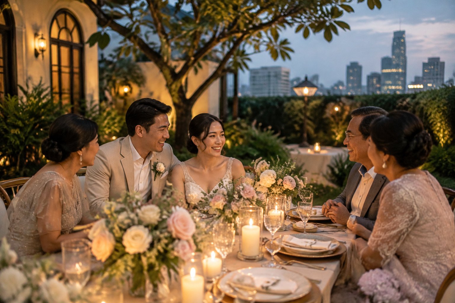 A couple celebrates with family and friends around a decorated dinner table in a garden.