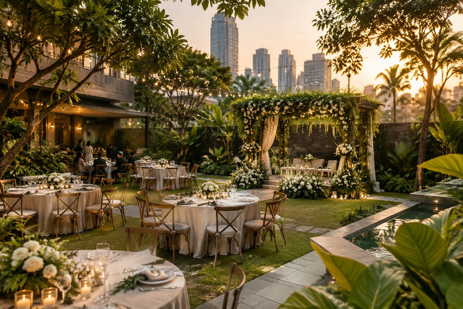 A small wedding reception set in a garden courtyard with flowers, candles, and a pergola.