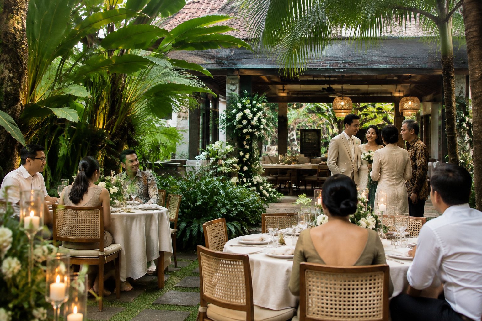 Guests gather at a small wedding reception in a tropical garden.