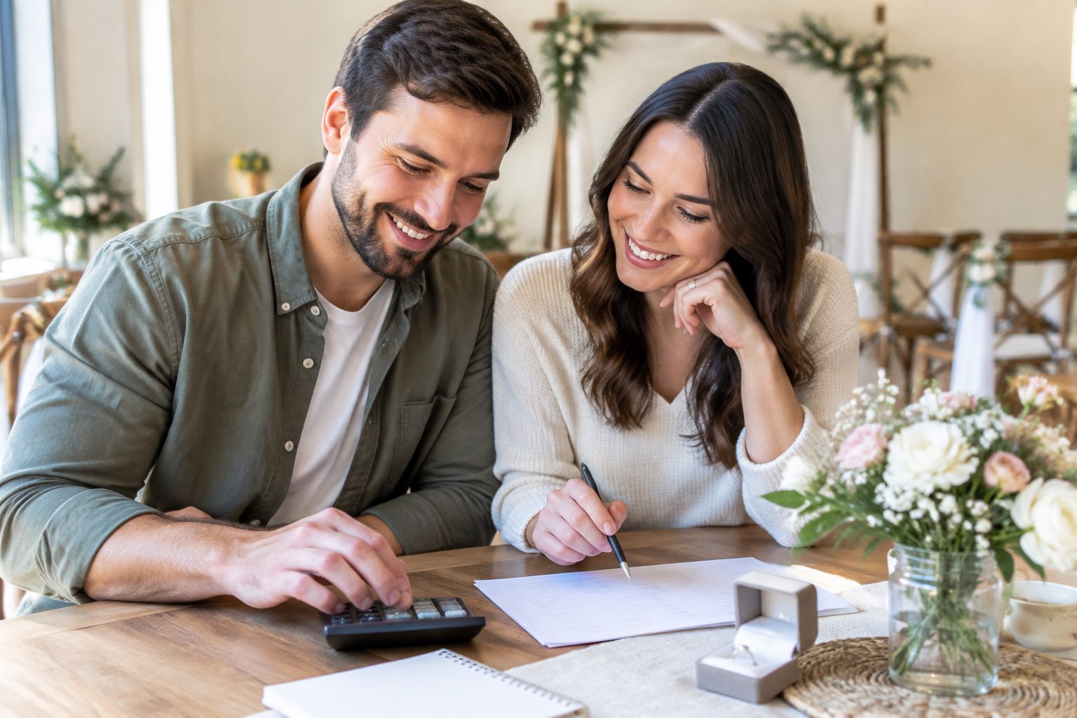 An engaged couple reviews wedding plans together at a table.