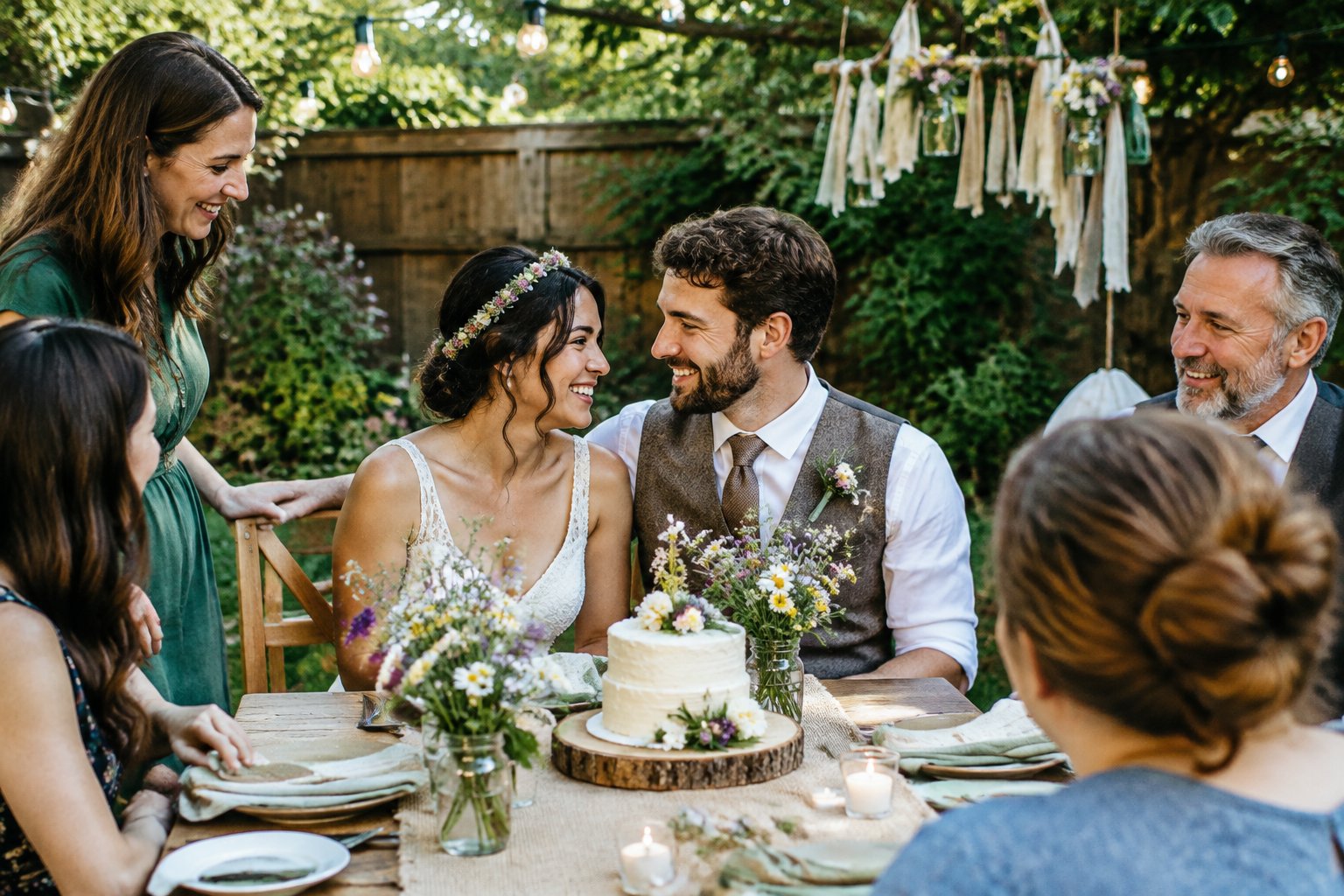 A couple celebrates their wedding with family and friends in a small garden.