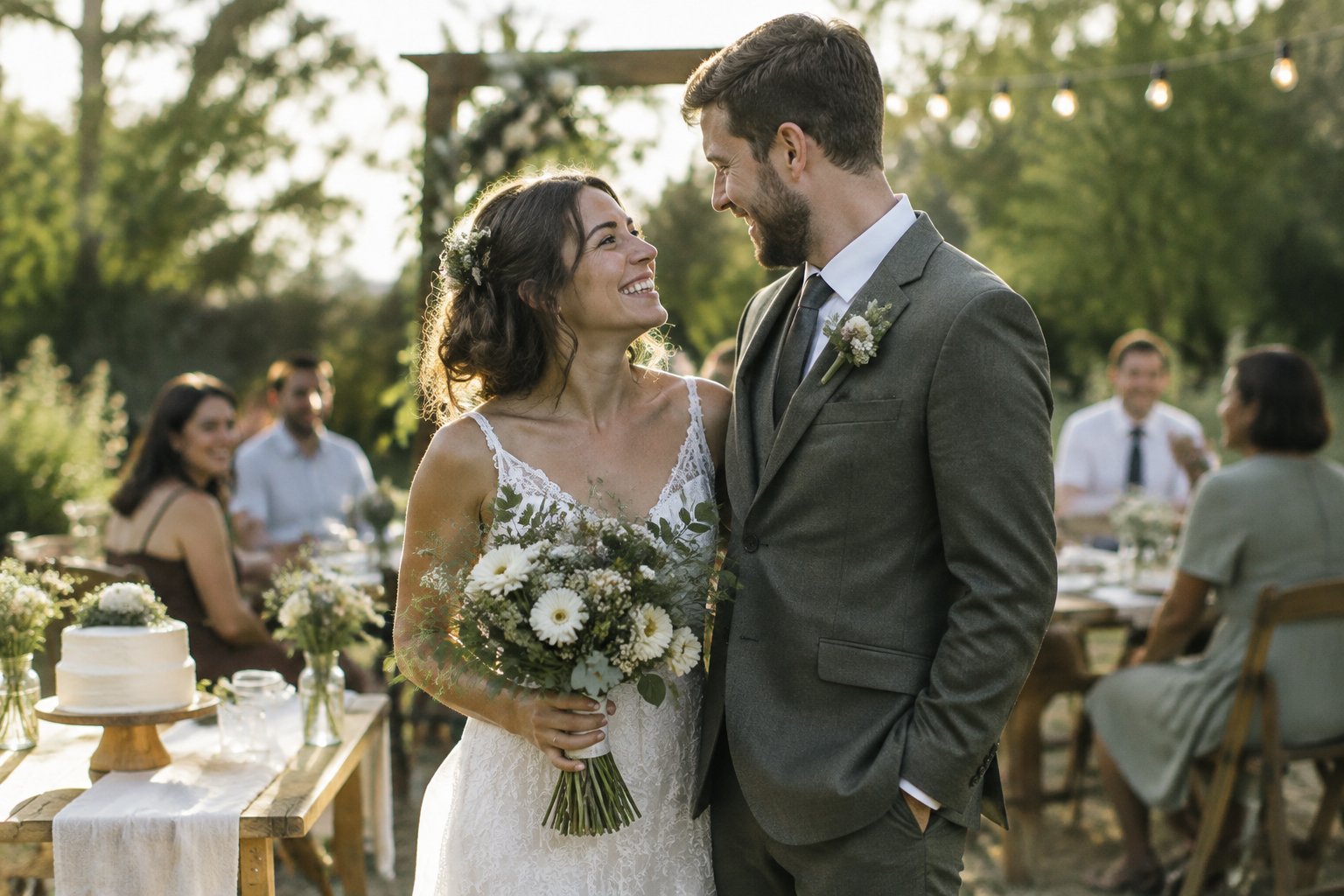 A newly married couple celebrates at a small outdoor wedding with simple flowers and a few guests.