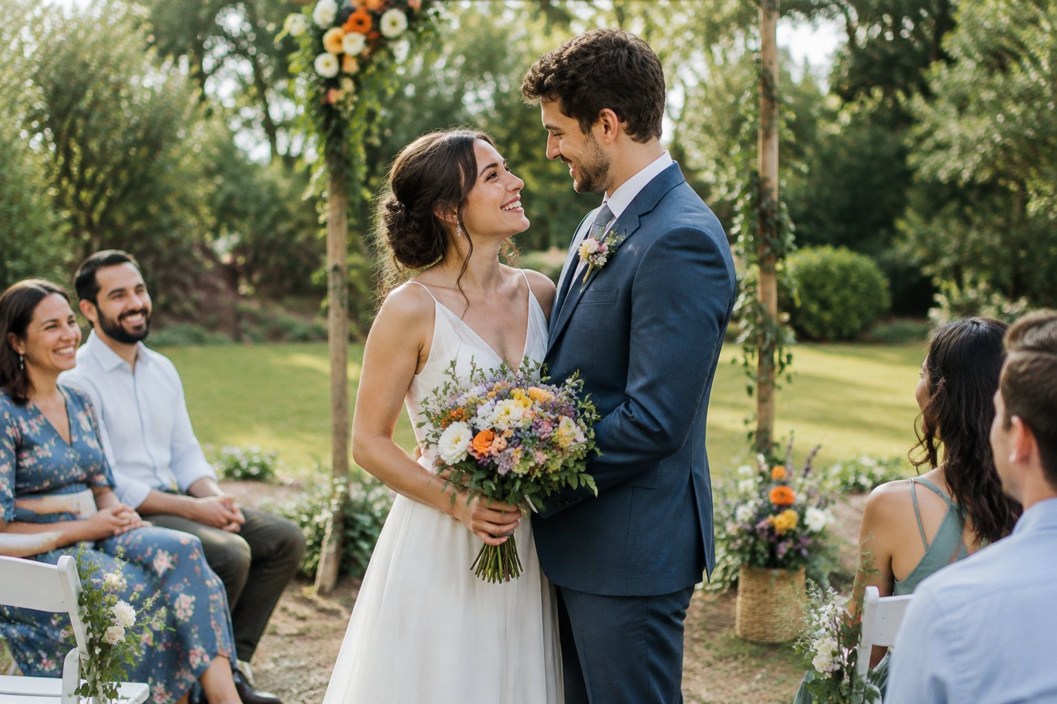 A newlywed couple celebrates with family and friends at a small outdoor wedding.