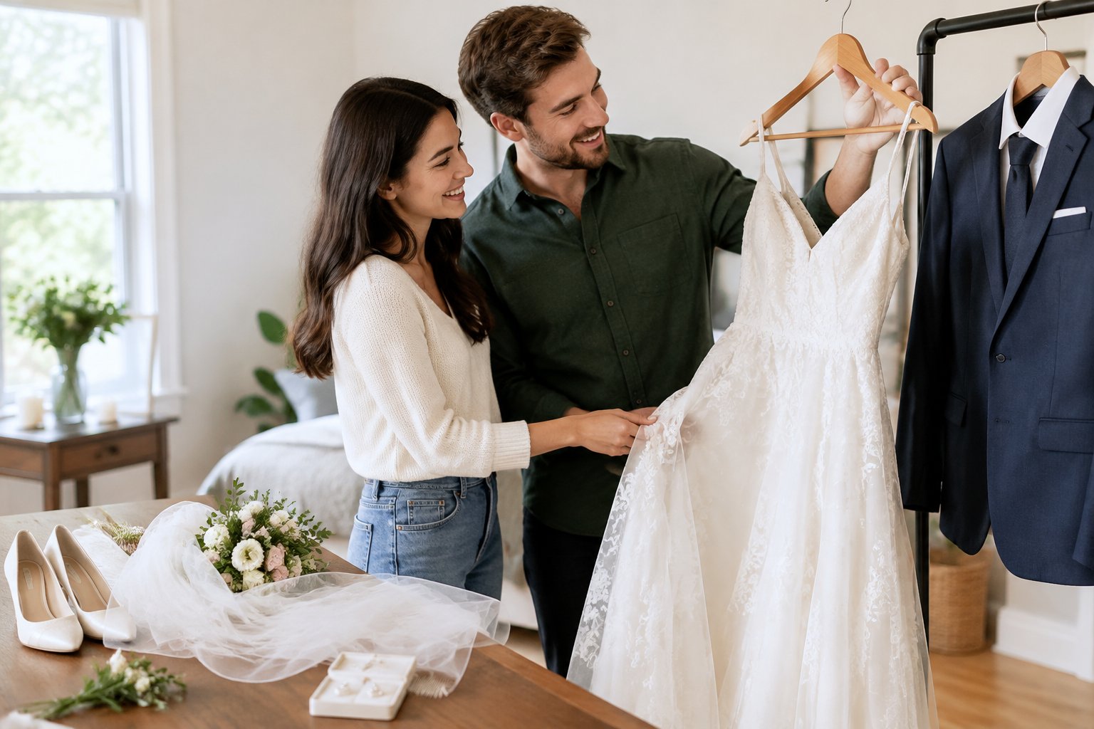 A couple compares wedding clothes and accessories together.