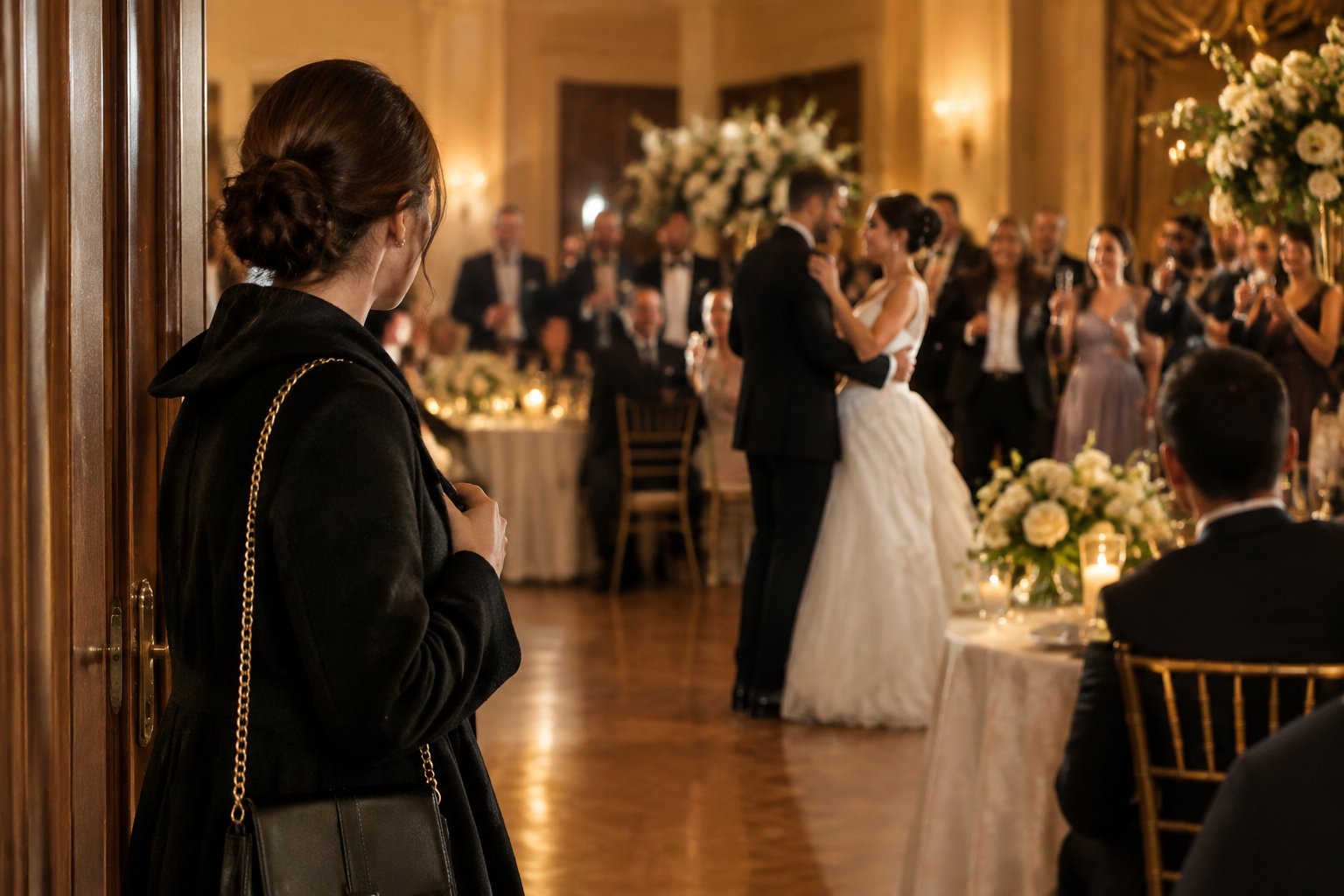 A late-arriving guest pauses at the entrance while a bride and groom share their first dance.