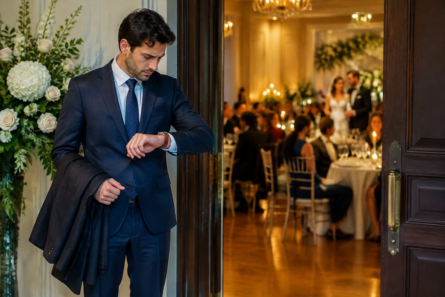 A wedding guest checks their watch at the entrance while the reception is underway.