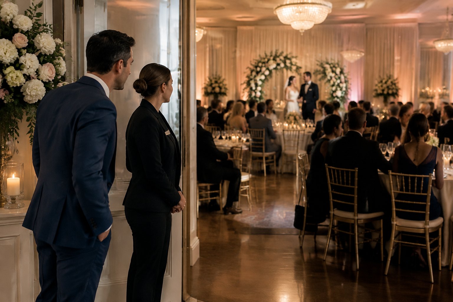 A wedding guest quietly speaks with a staff member near the entrance while the reception continues.
