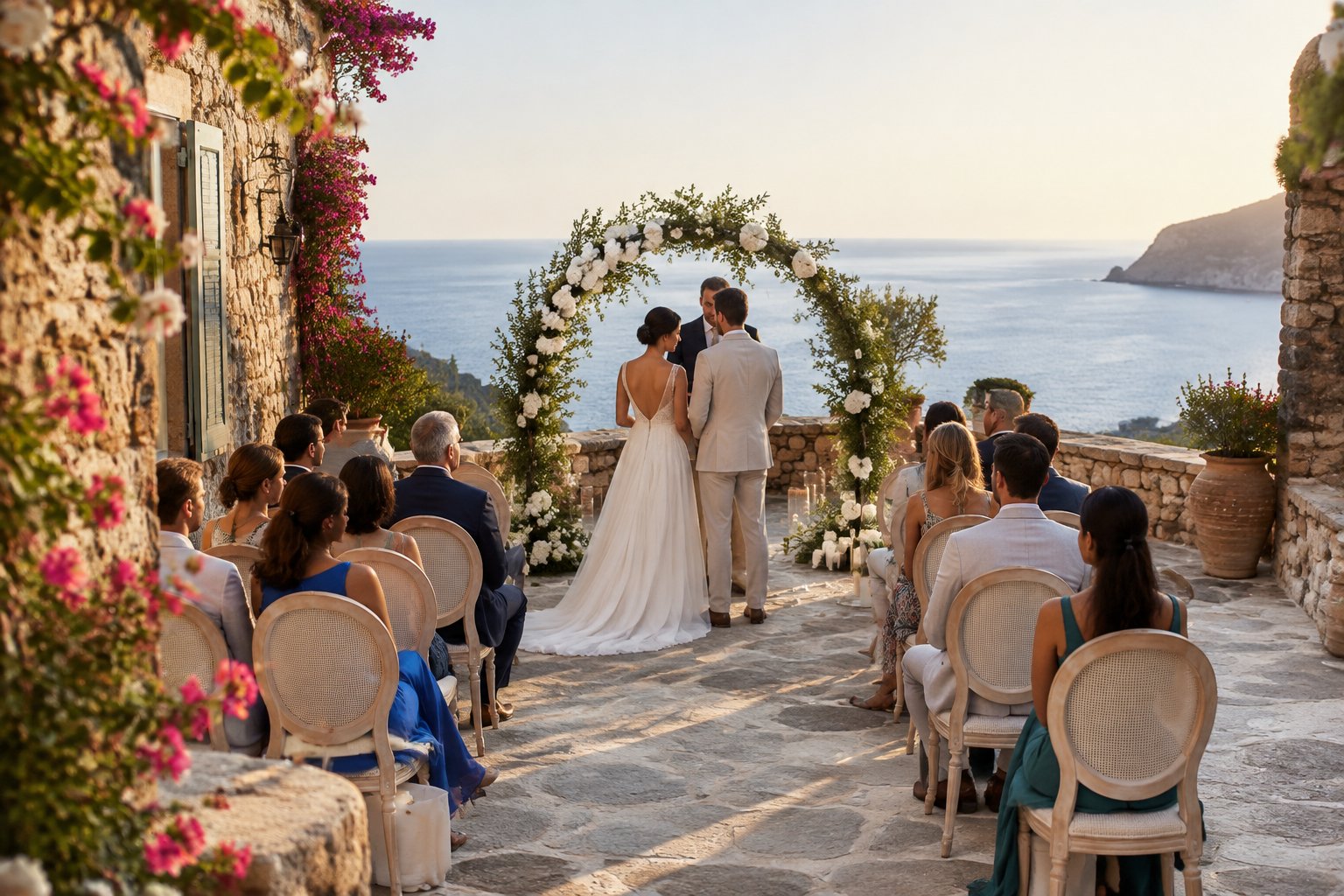 A couple exchanges vows at a small seaside wedding ceremony.