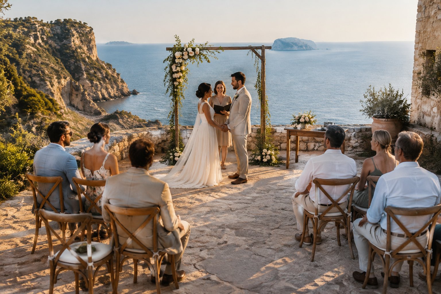 A couple celebrates their wedding with a small group of guests on a terrace overlooking the sea.