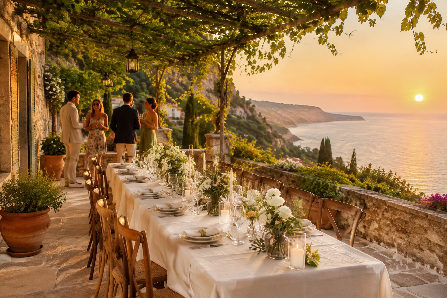 A small wedding reception set on a seaside villa terrace.