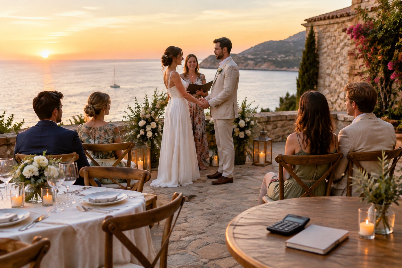 A couple celebrates an intimate wedding with a few guests on a seaside terrace.