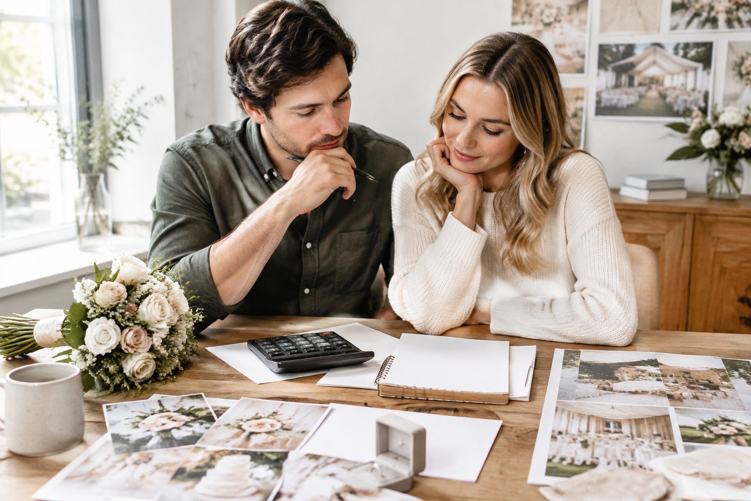 An engaged couple reviews wedding plans and a budget at a table.