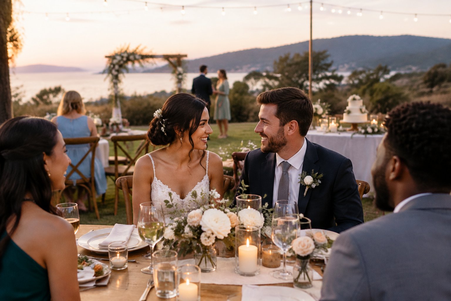A couple and guests celebrate at a decorated wedding reception.