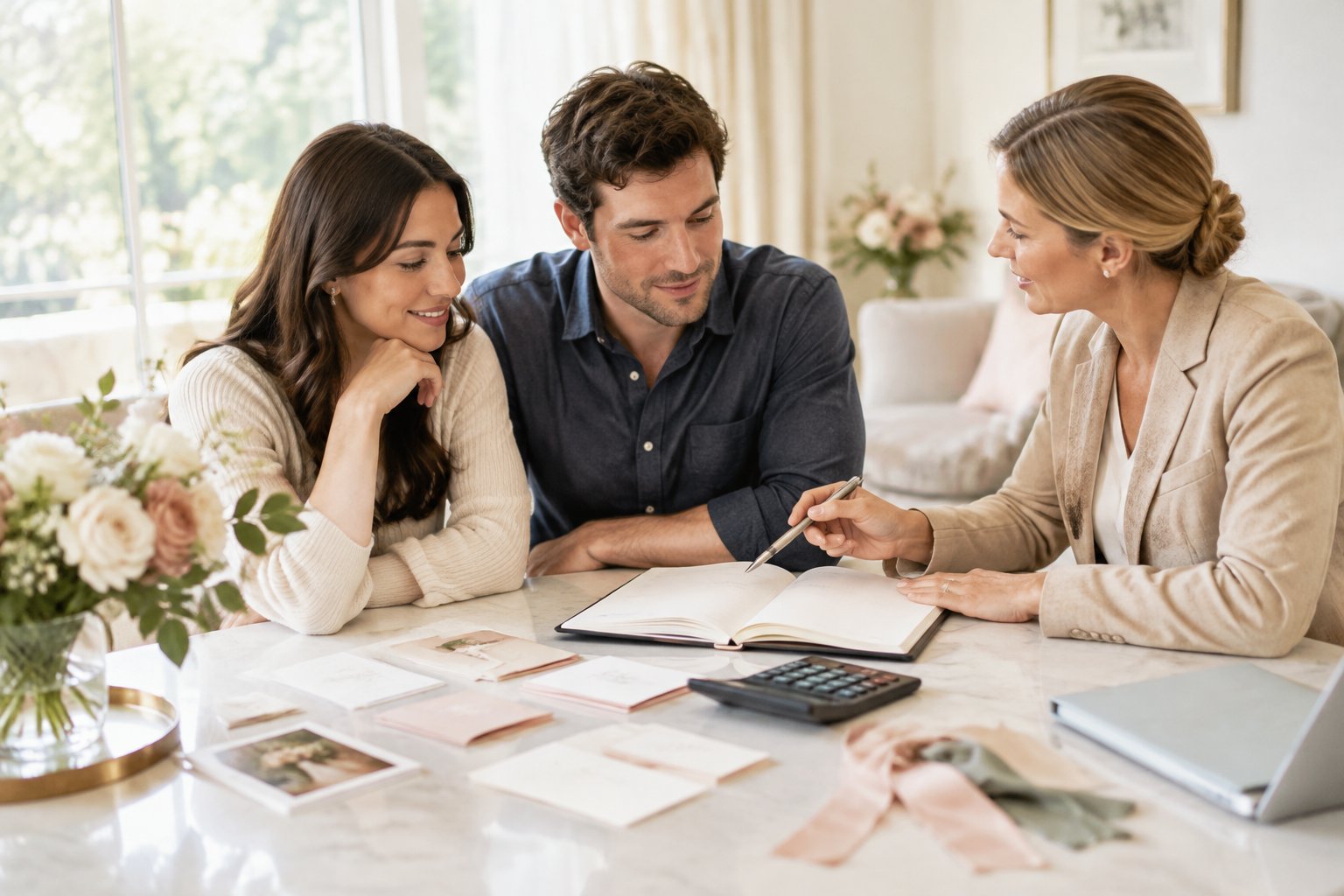An engaged couple reviews wedding plans with a financial planner at a table.