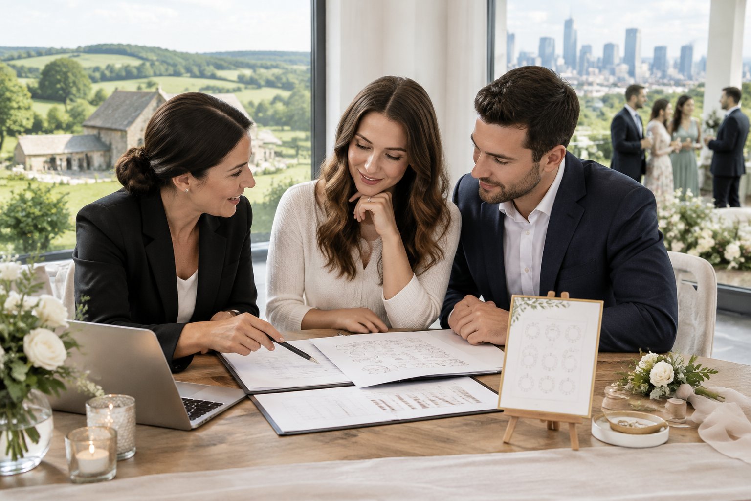 A couple and wedding planner review guest and budget papers at a table.