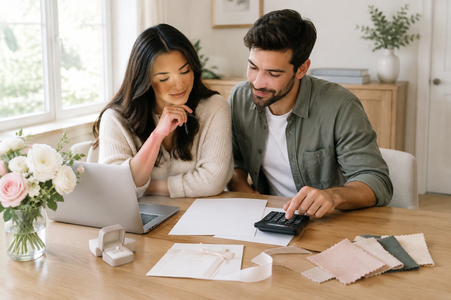 A couple reviews wedding plans together at a table.