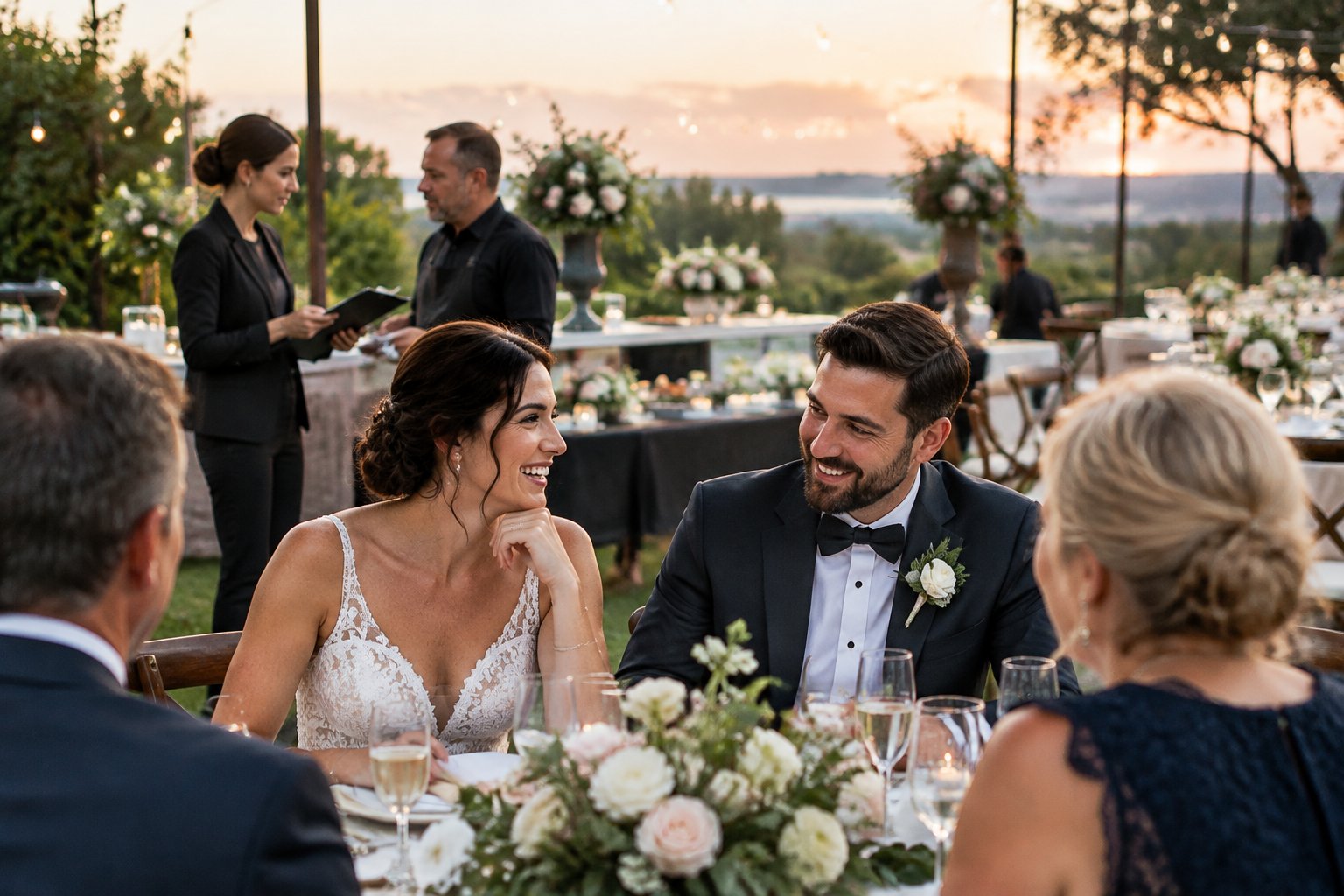 A wedding coordinator checks a clipboard while the newlyweds enjoy their reception.