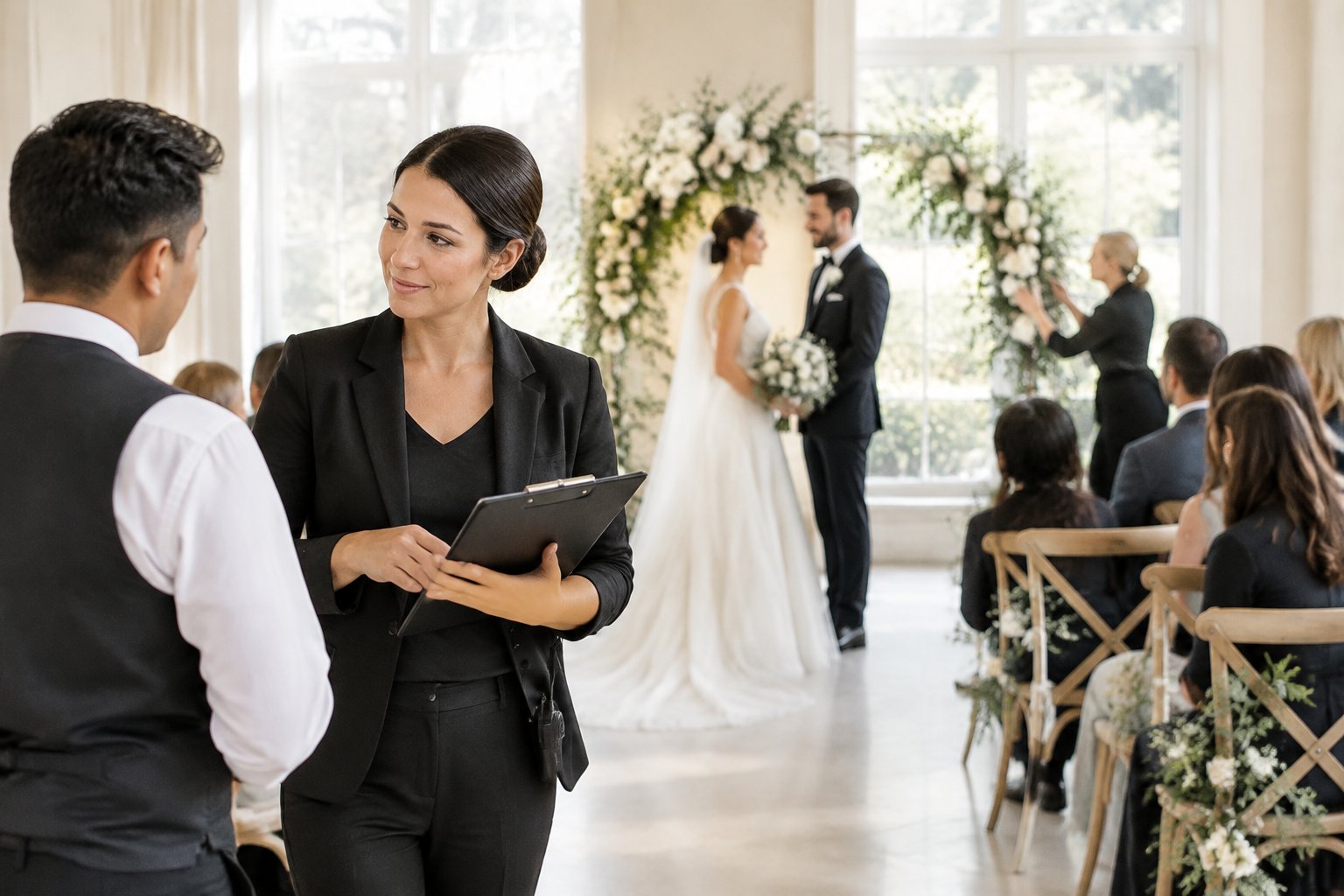 A wedding coordinator checks a clipboard as the couple and venue team prepare for the ceremony.