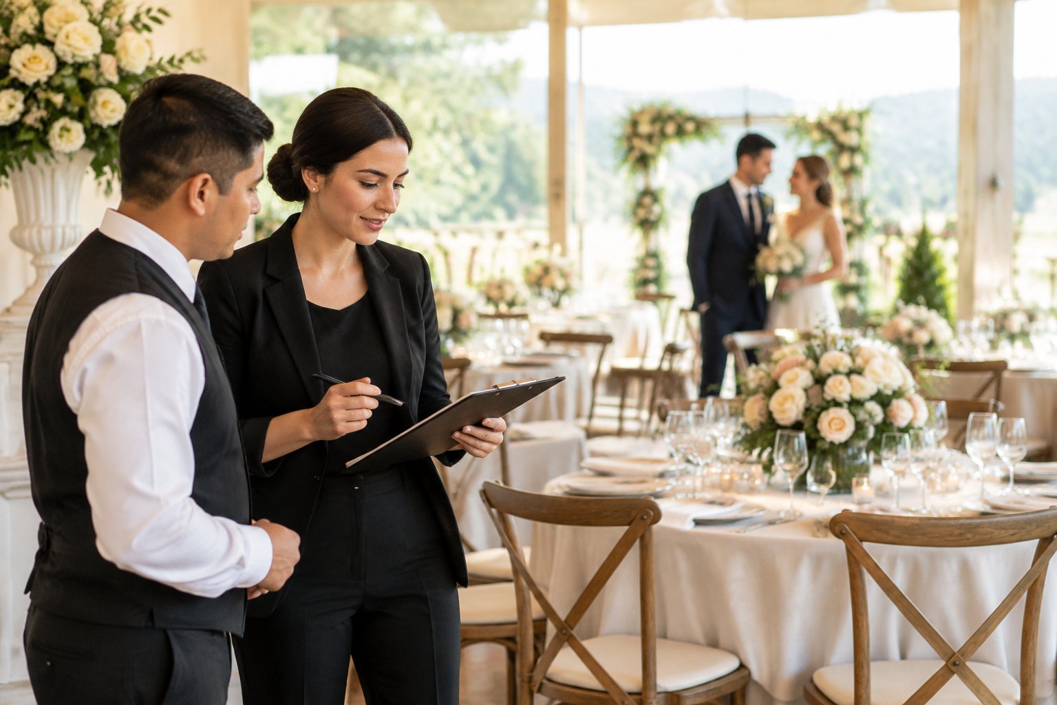 A wedding coordinator checks a clipboard while overseeing a reception as the couple shares a quiet moment nearby.