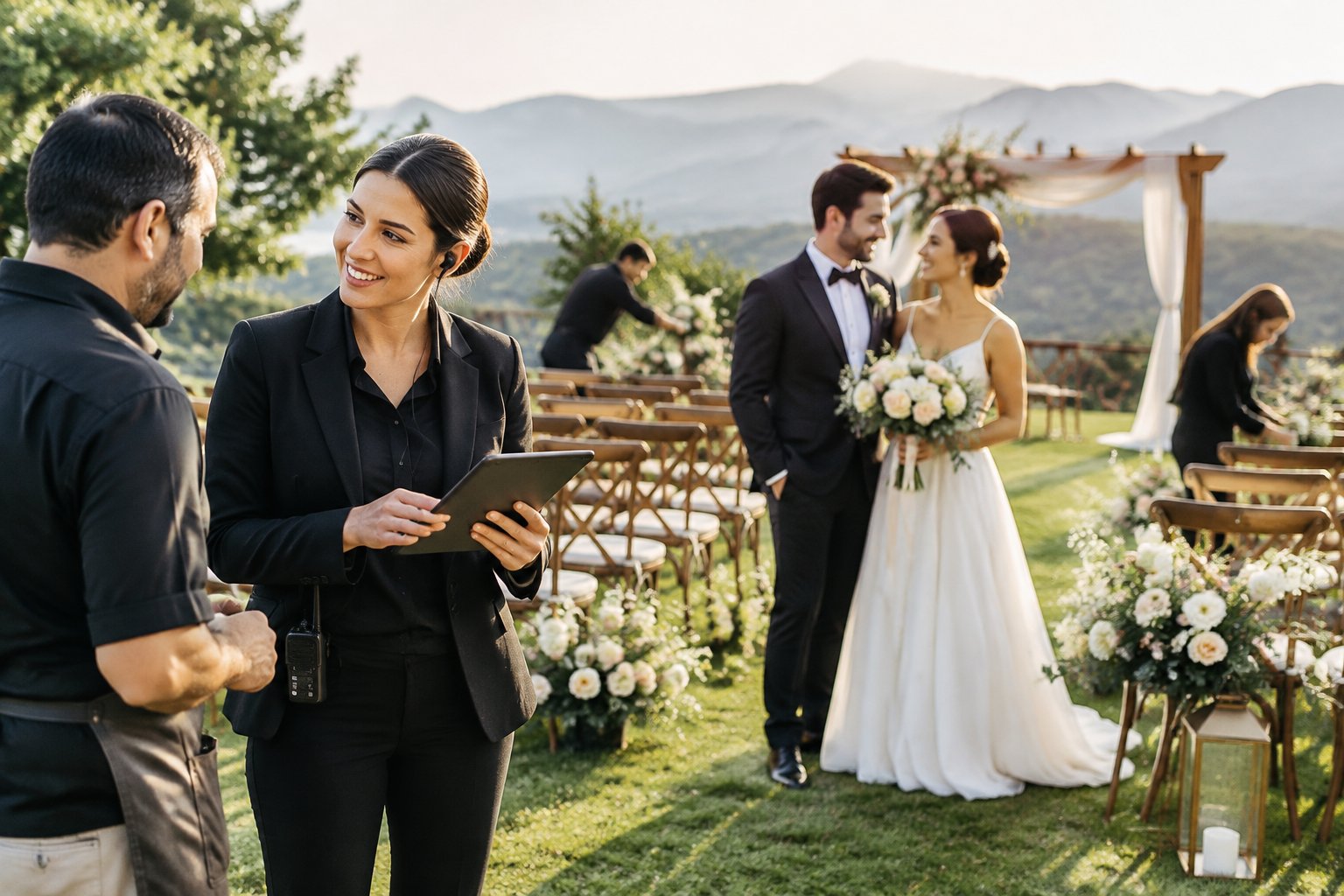 A wedding coordinator checks a tablet while vendors prepare the ceremony and the couple relaxes nearby.