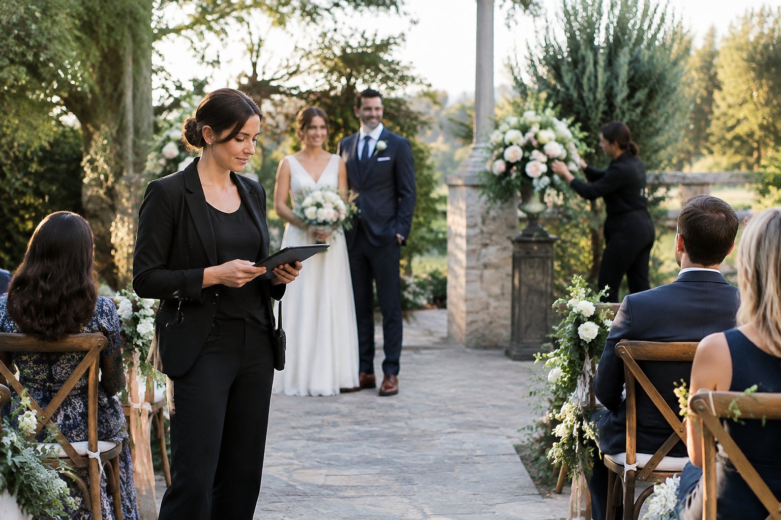 A wedding coordinator checks a clipboard while guiding a couple near their garden ceremony.
