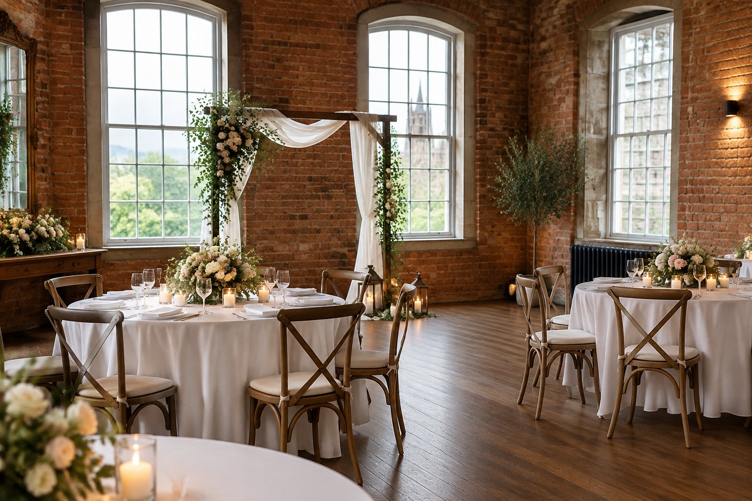 A small wedding reception set up in a historic hall with flowers and candlelit tables.