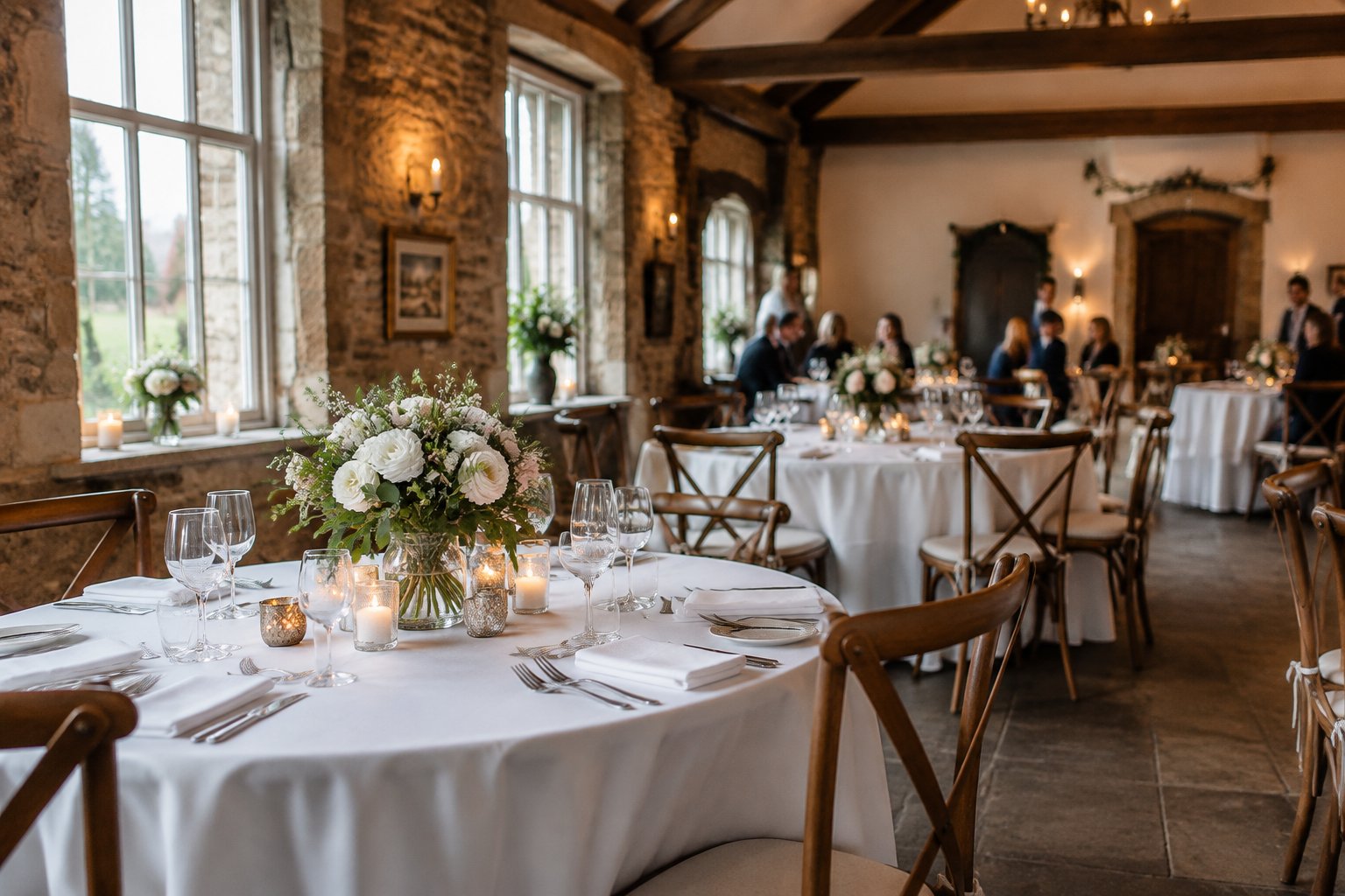 A small wedding reception room with set tables, flowers, and guests.